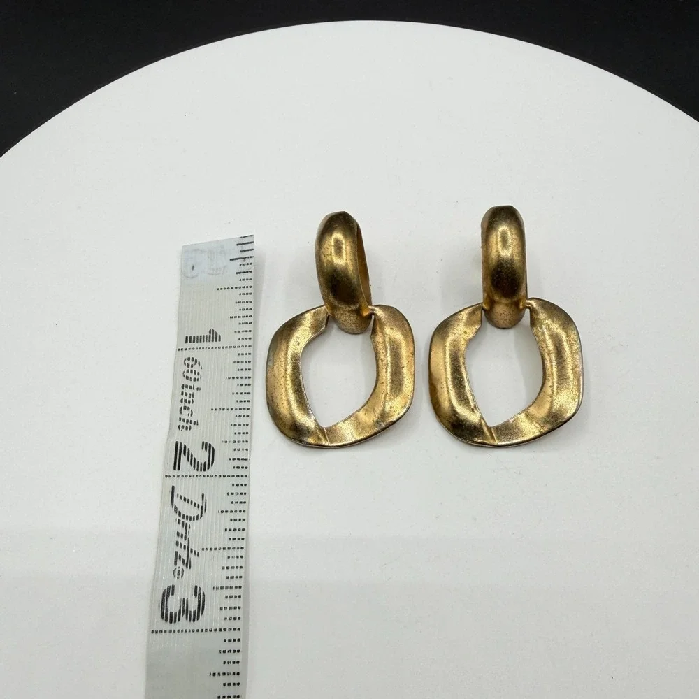 Gold Tone Geometric Door Knocker Dangle Earrings Chunky Statement Pierced Pair
